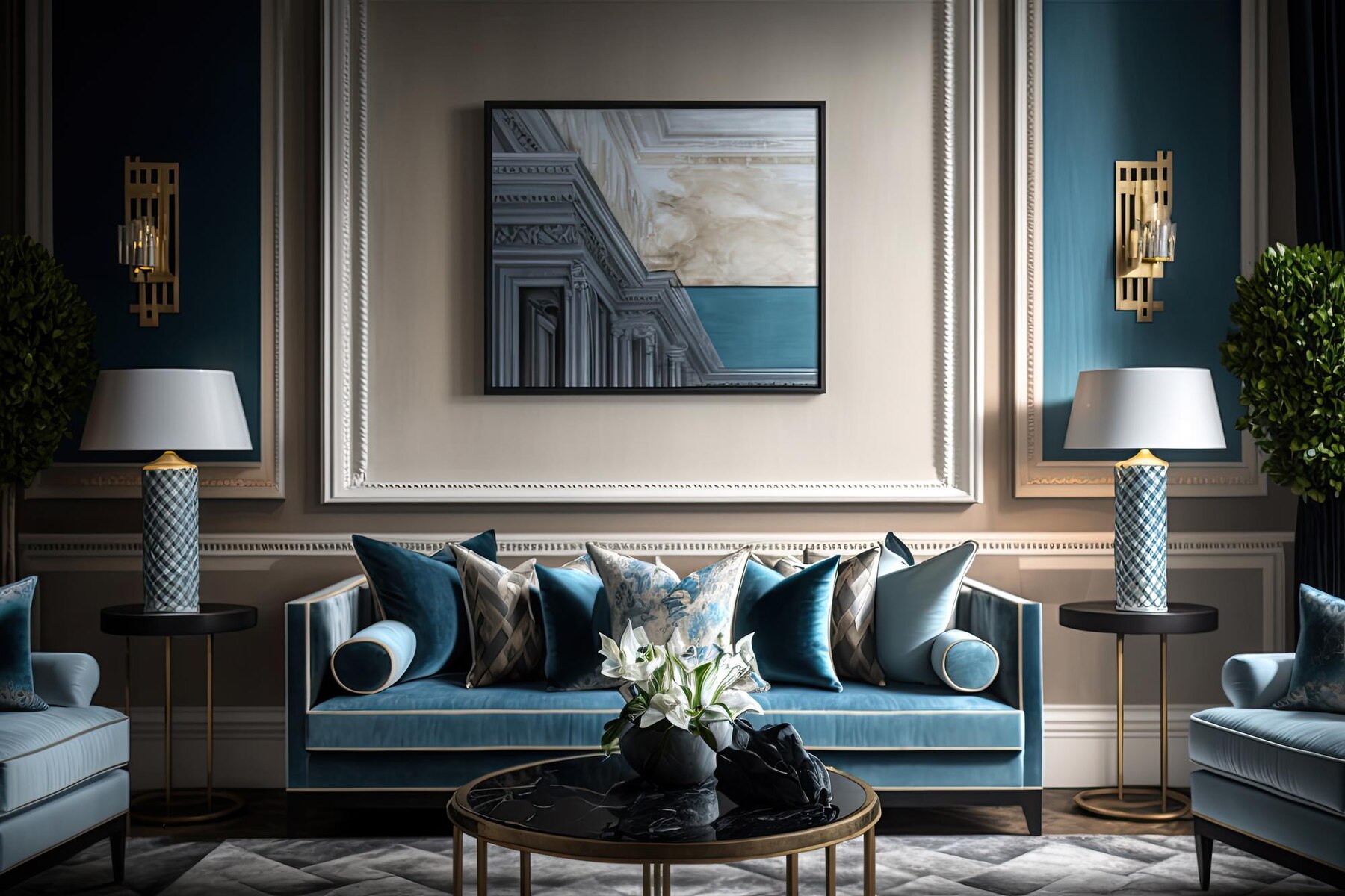 living room with blue sofa painting wall 123827 23878